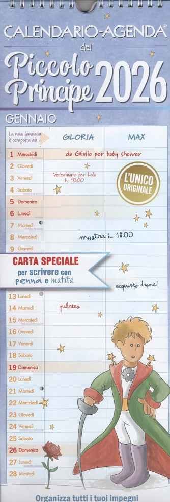 Calendario-Agenda del Piccolo Principe 2026 (15x50 cm con spirale)