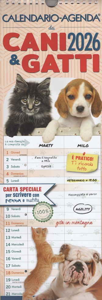 Calendario-Agenda dei Cani & Gatti 2026 (15x50 cm con spirale)
