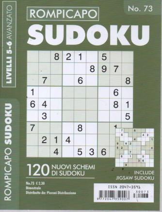 Rompicapo sudoku - n. 73 -livelli 5-6 avanzato -  bimestrale -