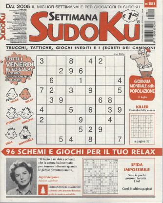 Settimana Sudoku - n. 881  - 1 luglio  2022 - settimanale
