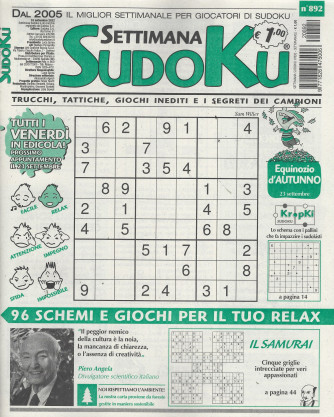 Settimana Sudoku - n.892 - 16 settembre 2022 - settimanale