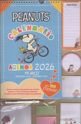 Calendario Agenda Peanuts 2026 (21x34 cm con spirale) + Notes + Penna + Post It + Stickers