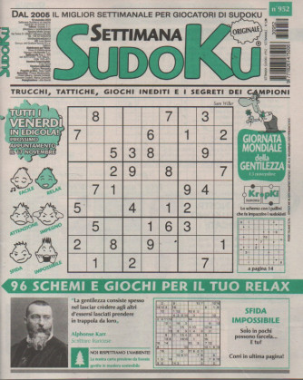 Settimana Sudoku - n.952-10 novembre      2023 - settimanale