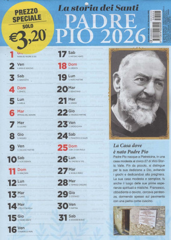 Calendario La Storia dei Santi - Padre Pio 2026 (24x33 cm senza spirale)
