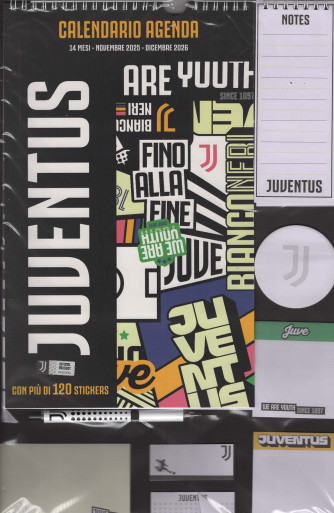 Calendario Agenda Juventus 2026 (21x34 cm con spirale) + Notes + Penna + Post It + Stickers