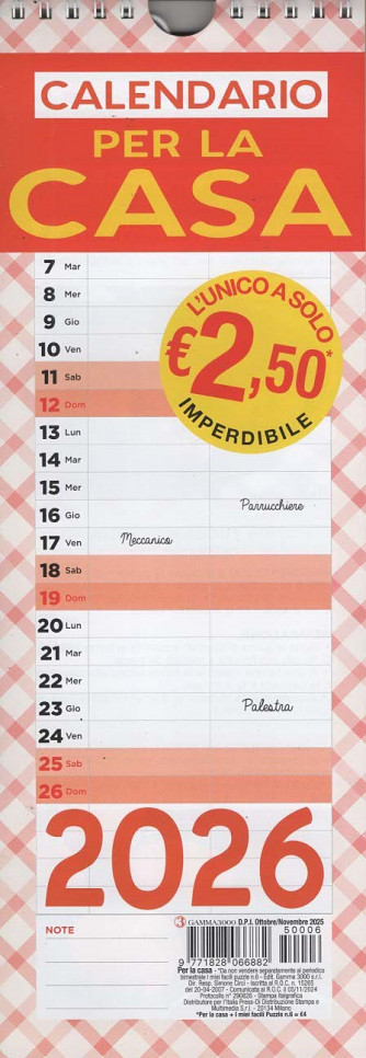 Calendario per la Casa 2026 (12x34 cm con spirale)