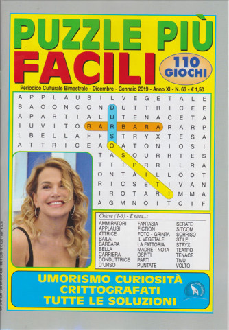 Puzzle Piu' Facili - n. 63 - bimestrale - dicembre - gennaio 2019 - 110 giochi - Barbara D'Urso