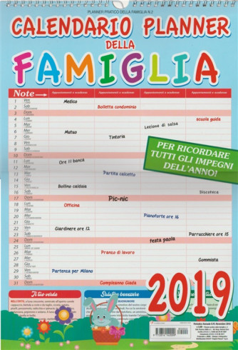 Calendario 2019 Planner della Famiglia cm. 29x42 con spirale 