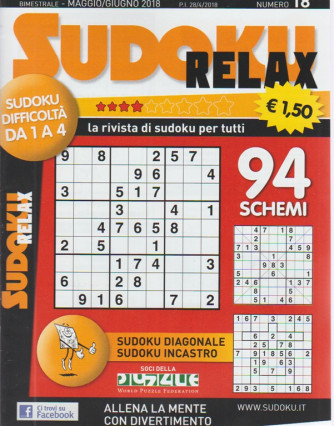 Sudoku relax. n. 18 - bimestrale - maggio/giugno 2018 