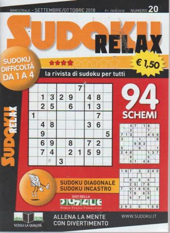 Sudoku relax - n. 20 - bimestrale - settembre - ottobre 2018 - 