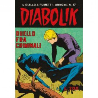 Copertina Diabolik Anastatika n.17: Duello fra criminali con titolo in giallo e illustrazione del personaggio