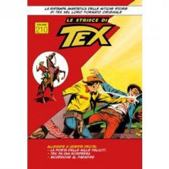 Copertina Tex Strisce numero 210 con il ranger Tex in azione, titoli delle storie: La porta delle mille felicità, Tex fa una sorpresa, Incursione al Paradise