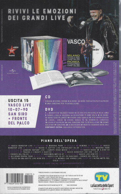 Vasco nonstoplive -quindicesima uscita -Vasco - Live 10-07-90 San Siro  fronte del palco - cd + dvd 30/8/2022 - settimanale